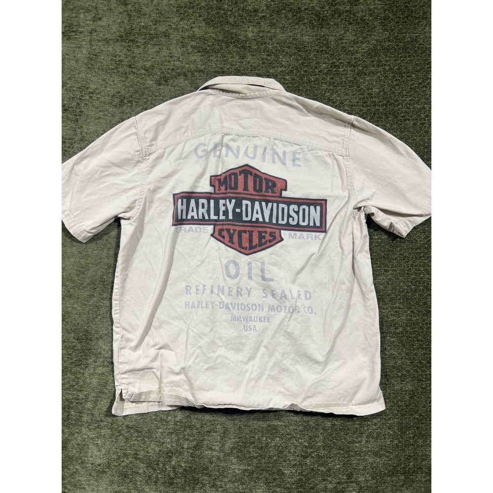 Harley-Davidson Button Up Shirt Mens XL Tan Graphic Short Sleeve Cotton